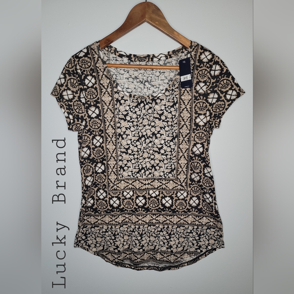 Lucky Brand Women's Cap Sleeve Neutral Colored Floral Shirt Size S NWT
